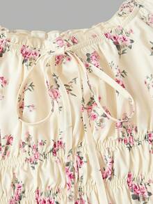 SHEIN MOD Women's Floral Print Tie-Up Ruched Elegant Vacation Dress - Light Yellow - View 4