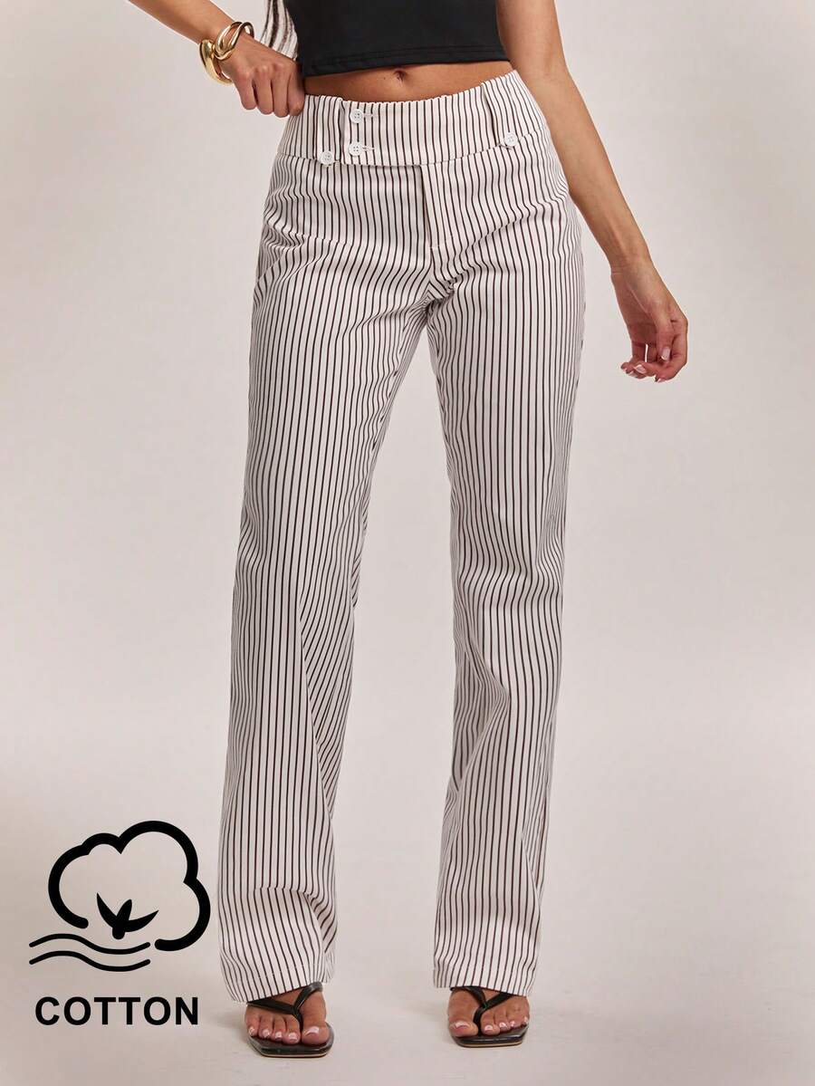 SHEIN BAE 女款純色休閒時尚外出百搭復古風貼袋寬腰帶極簡通勤辦公低腰寬鬆寬腿長褲,女裝西裝褲,專業穿著,復古條紋印花長褲,休閒長褲,外出長褲 - 白色 - 查看 1