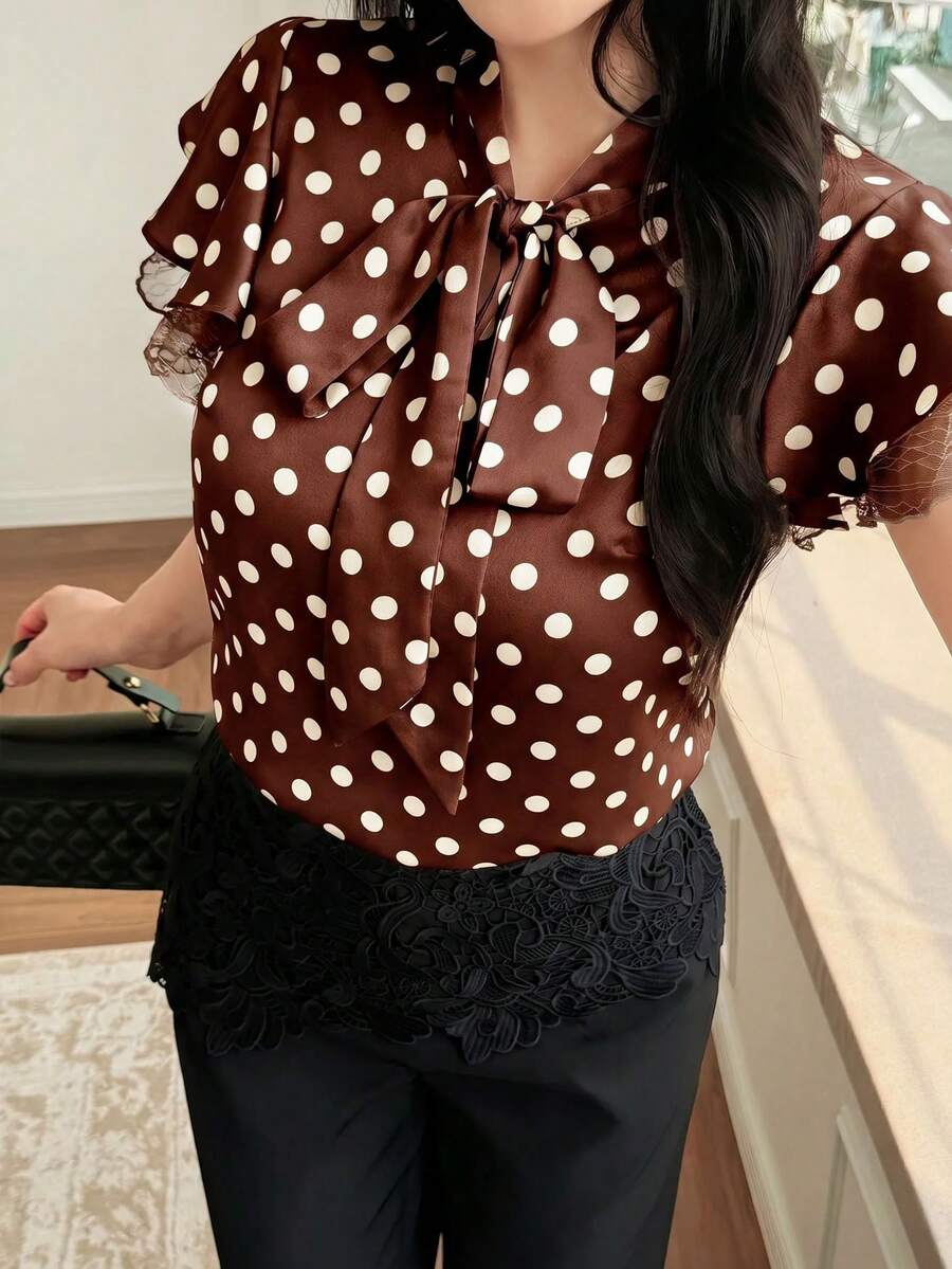 Feyla Chic Brown Polka Dot Women's Blouse V Neck Tie Front Satin Silk Feel Top With Ruffle Lace Trim Sleeves Fashionable Work Or Date Night Apparel