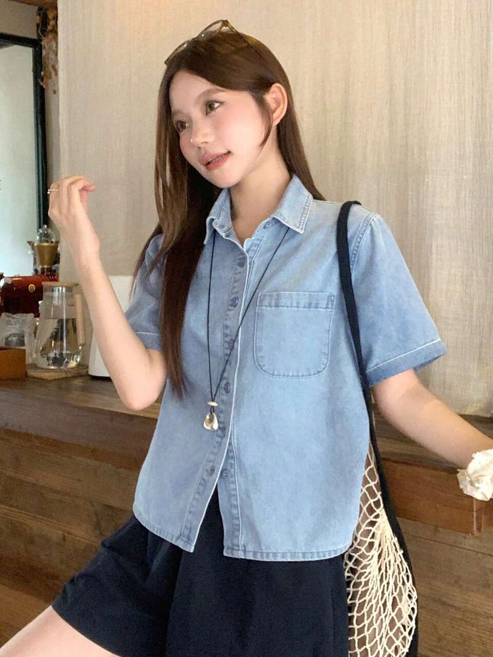 Women's Casual Loose Fit Short Sleeve Collared Light Blue Washed Denim Top With Pocket Decor Cute Tops