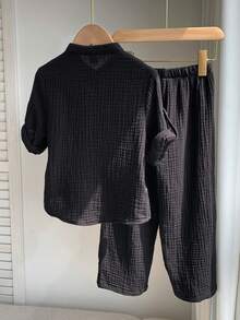 SHEIN 兒童小男孩單排扣短袖襯衫與長褲休閒日常套裝 - 黑色 - 查看 3
