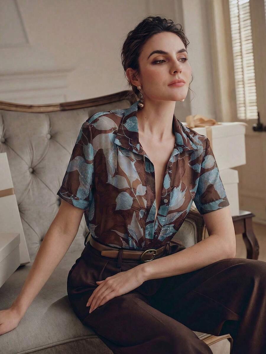 Anewsta Elegante, braune Damenbluse mit Blumenmuster und kurzen Ärmeln – ein modisches Sommerhemd für Brunch, Urlaub, Party, Hochzeit, festliche Anlässe, Büro und Valentinstag. - Braun - Übersicht 1