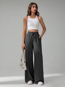 SHEIN Tall 女款純色抽繩腰休閒百搭日常穿著長褲 - 深灰色 - 查看 5
