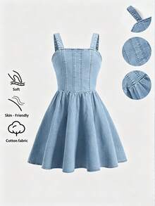 SHEIN Tween Girl Patchwork A-Line Skirt Dress, Washed Dark Blue Denim, Casual Sweet Street Style Fashion Vacation Design Versatile All-Match Minimalist Patchwork Extra Large Skirt Back Elastic Waist Fitted Denim Short Dress, Soft Comfortable Cotton Denim Fabric For Travel Party School, 2026 Summer New Arrival - Medium Wash - View 3