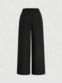 Sweetra Conjunto de 2 piezas de pantalones largos para mujer talla grande, negro + amarillo, tela texturizada con efecto burbuja y arrugas, sin elasticidad, versátil para el día a día, elegante minimalista casual, cintura ceñida, pantalones deportivos casuales de pierna ancha recta que estilizan, para uso diario - Blanco y Negro - Ver 5