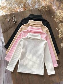 SHEIN 女童 4件組 少女高領羅紋針織休閒T恤，高彈性翻領打底衫，秋冬黑色白色校園風 - 彩色 - 查看 2