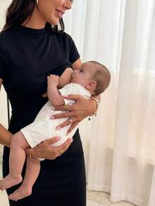 SHEIN Vestido De Lactancia Ceñido Al Cuerpo De Color Sólido Con Cuello Alto Para Maternidad - Negro - Ver 7