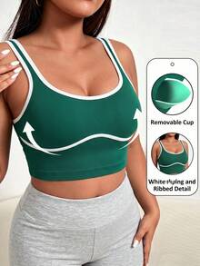 Solea Cove Tank Top Olahraga Ukuran Besar Warna Polos Model U-Neck dengan Tali Bahu Tetap, Bra Olahraga Kasual Bergaris Halus, Tanpa Kawat untuk Lari, Yoga, Kebugaran, dan Latihan - Dark Green - View 2