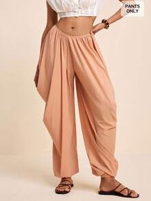 LOTSLUV Women's Summer Vacation Elegant Paris Boho Peach Chiffon Semi-Sheer Oversized Draped Cuffed Pants,Fluid Pants,Summer Trousers,Elegant Pants For Women - Khaki - View 3