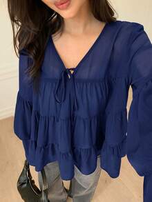 Solavon Camisa de vacaciones versátil con volantes en el bajo y lazo delantero para mujer - Azul Marino - Ver 4