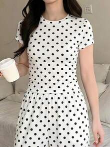 復古甜美黑白對比波點印花，青少年女孩休閒度假夏季兩件套，Y2K，音樂節，BM，運動風，戶外野餐，出遊，街頭風 - 白色 - 查看 6