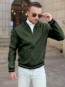 Manfinity CasualCool Men's Spring/Autumn Casual Fashion Street Style Daily Commute Color Block Striped Trim Zipper Front Baseball Jacket - Army Green - View 6