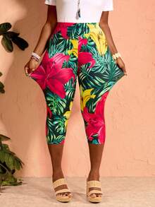 EMERY ROSE Plus Size Women's Tropical Plant Print 3/4 Length Leggings For Vacation Summer Spring Clothing Beach Outfits For Women Vacation Outfits - Multicolor - View 5