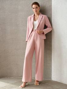 MOTF PREMIUM WOMEN'S SOLID COLOR DOUBLE BELT SLIM FIT COMMUTER JACKET AND PANTS 2 PIECES SET - Pink - View 4