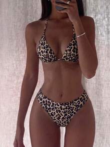Swim Vcay Conjunto de bikini con estampado de leopardo 2022, verano - Café integral - Ver 2