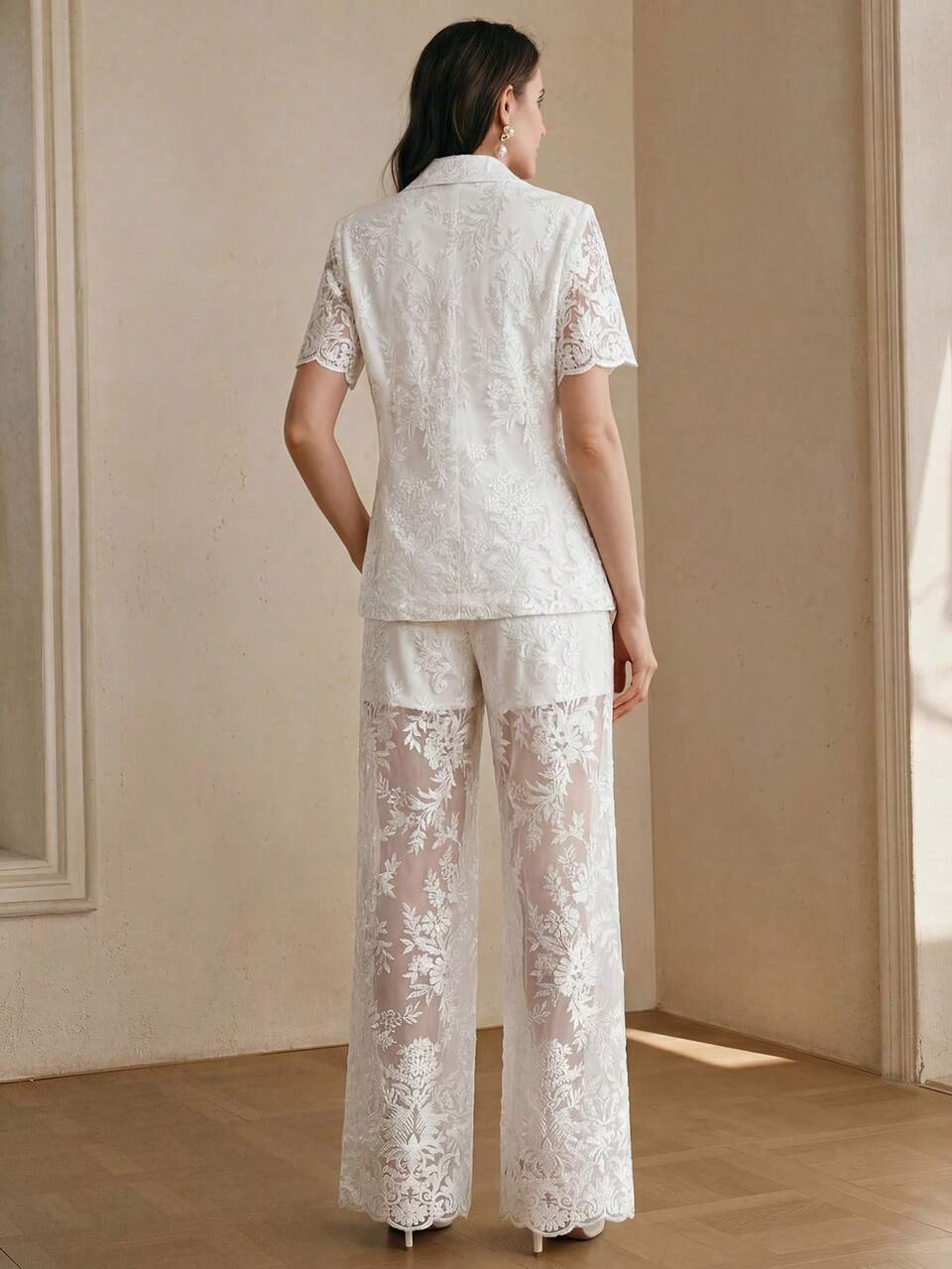 Anewsta Spring/Summer Women's New Elegant Old Money Style Slightly Sheer Sexy Heavy Embroidery Mesh Collar Short Sleeve Blazer + High Waist Drapey Slightly Sheer Trousers Women's Suit Set