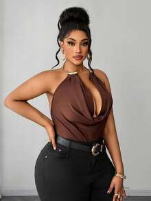 Maweii Plus Size Women's Solid Color Draped Neck Ruffle Casual Versatile Daily Bodysuit - Brown - View 4