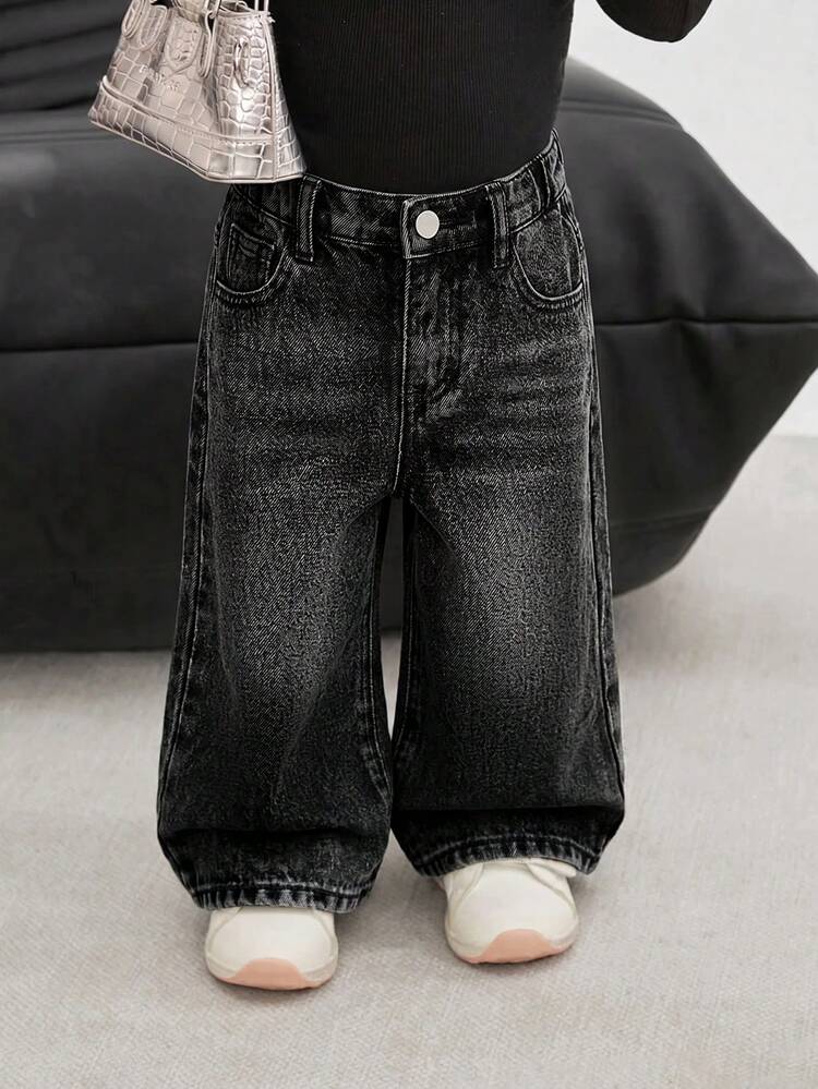 SHEIN Bubblio Baby Girl Basic Warm Fleece Lined Black Denim Loose Pants, Fall/Winter,For Baby Back To School And Halloween Clothes,Toddler Jeans,Warm Jeans,Winter - Black - View 5