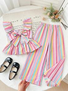 LMoss Kids Flutter Sleeve Tank Top Set, Suitable For Toddlers In Spring, Summer And Autumn, With Large Bow Design On The Back Of The Top Colorful Stripe - Multicolor - View 4