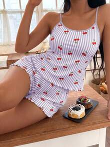 Softscene 女款條紋櫻桃印花細肩帶背心短褲睡衣套裝 - 彩色 - 查看 3