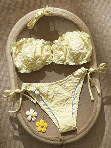 SHEIN Swim Spring/Summer Women's Bikini Set, Cream Yellow Textured Fabric, 3D Floral Design, Sweet And Cute, Suitable For Photos, Swimming, Travel, Hot Springs, Beach, Seaside, Sunbathing, Fashion - Yellow - View 6