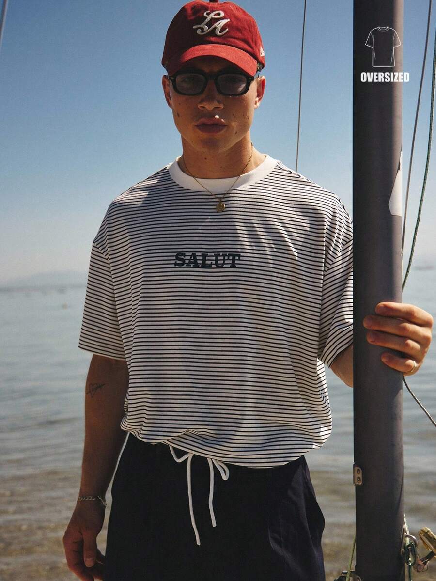 Musero Oversized Striped Front Text Crew Neck Tshirt Spring Summer Essentials - Blue and White - View 1