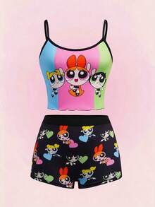 THE POWERPUFF GIRLS X SHEIN Women's Cartoon Print Camisole Style Lingerie Set - Black - View 1