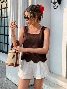Pariaura Atasan Tank Top Wanita Berkerah Persegi dengan Bordir Renda, Lembut dan Nyaman untuk Musim Semi dan Musim Panas - Coffee Brown - View 1
