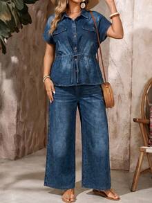 EMERY ROSE EMERY ROSE Set casual in denim da donna taglie forti, due pezzi con camicia monospalla con laccio in vita e pantaloni - Blu - Visualizzare 6