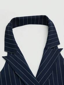 Sweetra Summer Elegant Striped Lapel Sleeveless Office Commute Plus Size Long Dress For Women - Navy Blue - View 7