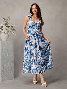 SHEIN Maternity Floral Print A-Line Dress With Wide Strap, Shirred Bust And Frill Trim Business Casual Elegant Outfit Daily Commute - Blue and White - View 8