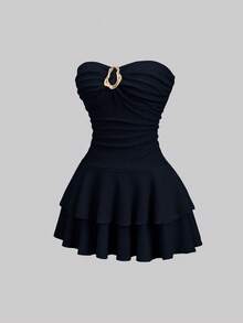 Sweetra Women's Elegant Strapless Double Layer Ruffle Mini Dress - Navy Blue - View 3