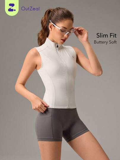 OutZeal Women Sports Tank Gym Workout Slim Fit Stand Collar Zip Up Vest Summer