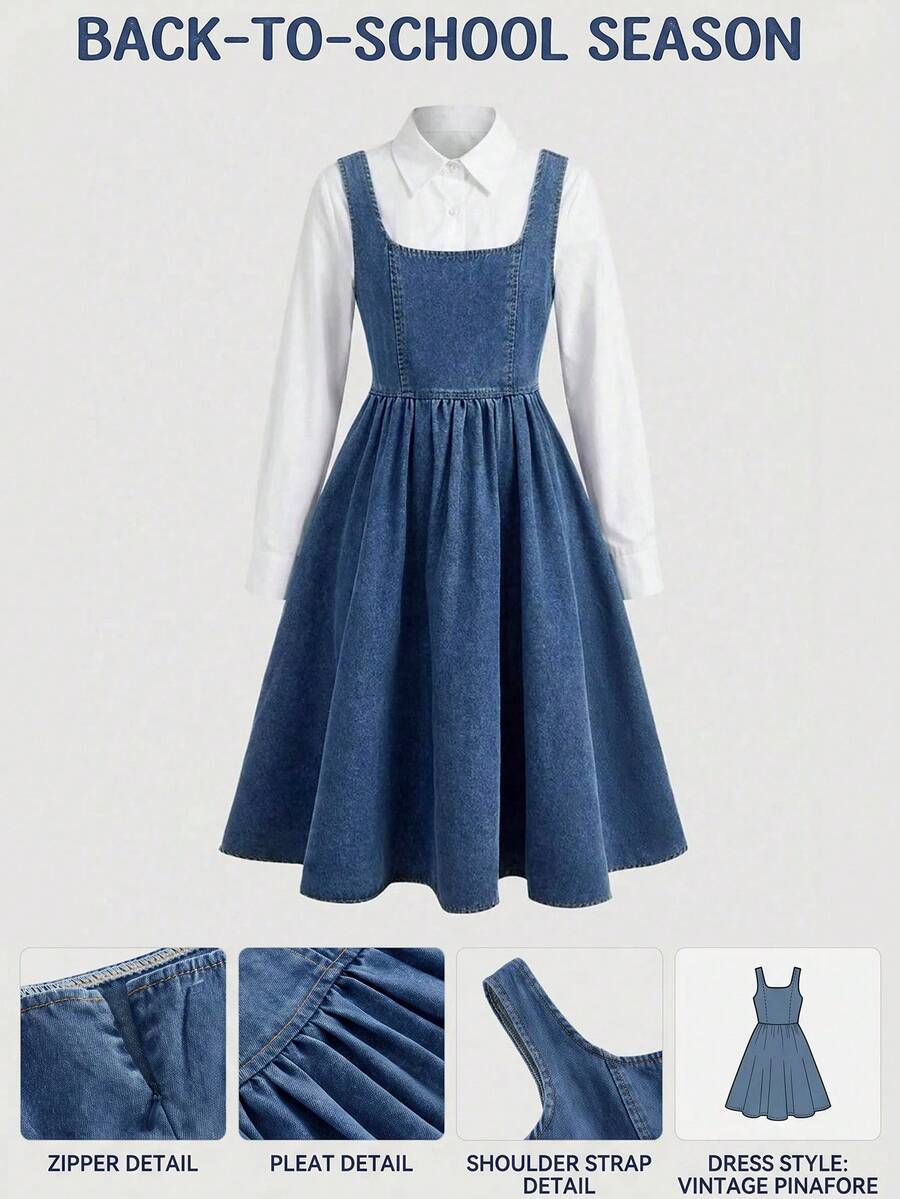 Girlism Tween Girls Y2k Back-To-School Season Denim Sleeveless Loose Dress For Summer Rave Outfits Festival - Blue - View 1