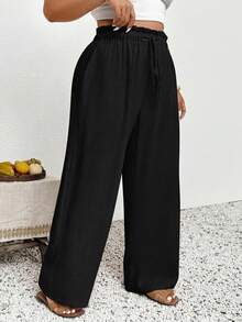 SHEIN Tall CURVE 大码女式纯色荷叶边腰带休闲裤 - 黑色 - 查看 4