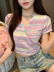 DAZY 女款夏季V領彩虹漸層條紋交叉裹身修身短版休閒婚禮針織上衣 - 彩色 - 查看 9