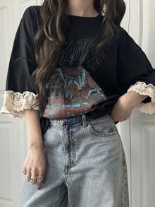 DAZY Women's Letter Print Contrast Lace Cuff Loose T-Shirt ,Petite Women Summer - Grey - View 4