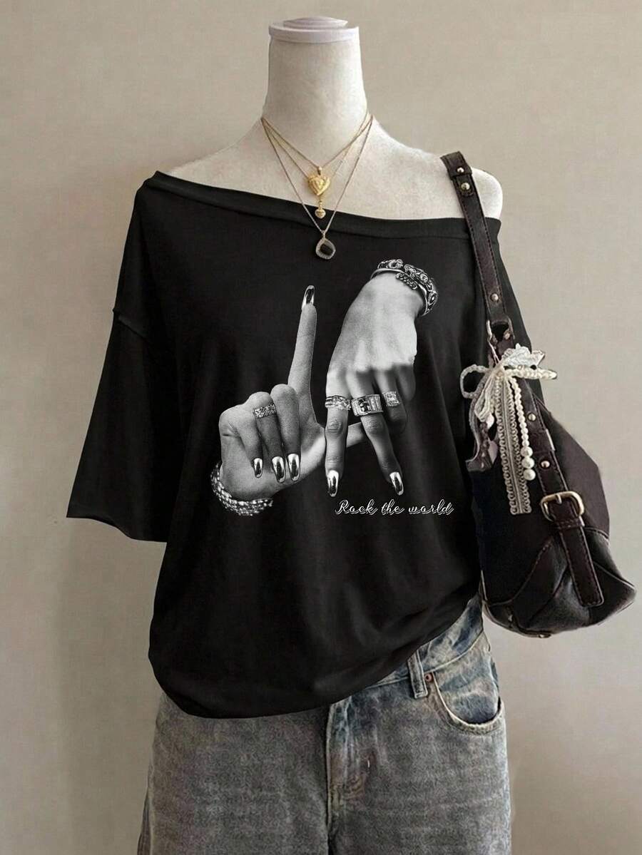 Attitoon Casual Minimalist Full Print Pattern Off-Shoulder Dropped Shoulder Short Sleeve Loose Fit Women's T-Shirt - Multicolor - View 1