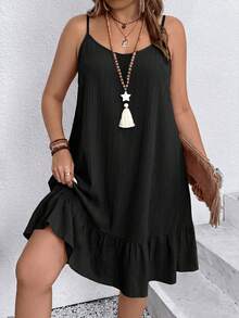 SHEIN LUNE CURVE Plus Size Women's Solid Color Ruffle Hem Cami Dress For Vacation - Black - View 4