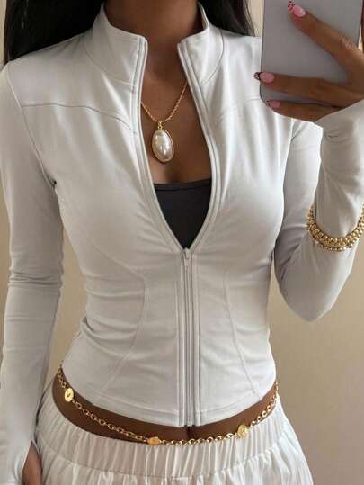 DAZY Women Solid Color Elastic Mock Neck Fitted Long Sleeve Jacket, Sportswear & Casual, Spring/Autumn