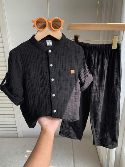 SHEIN 小男孩單排扣短袖襯衫與長褲休閒日常套裝