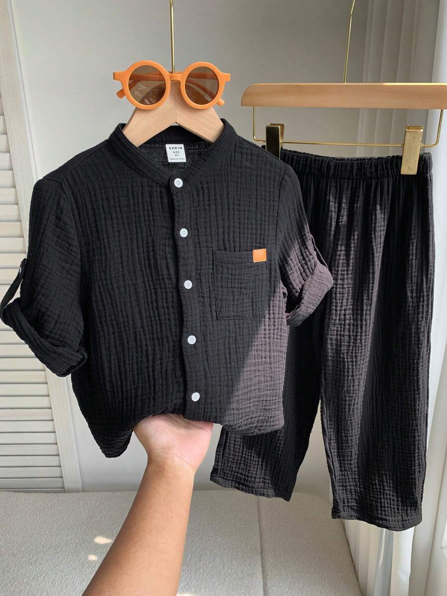 SHEIN 兒童小男孩單排扣短袖襯衫與長褲休閒日常套裝