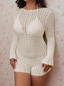 CovetEZ Plus Size Hollow Mesh Backless Fitted Jumpsuit, Beach Vacation Vacation White Autumn Elegant Winter - Beige - View 5