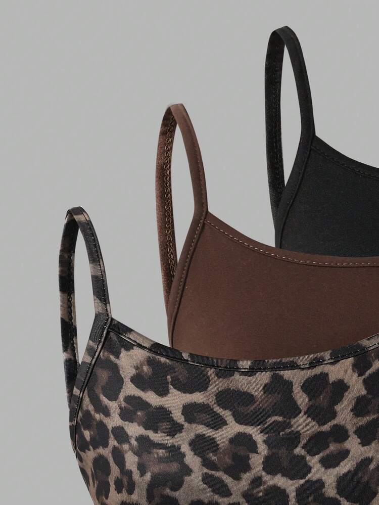 Girls' Summer Leopard Print, Brown, Black Camisole 3-Piece Set, Soft Skin-Friendly Fabric, Simple Fashion Style, Suitable For Outerwear Or Layering, Perfect For Daily Outings And Various Occasions To Effortlessly Showcase Sweet Elegant - Multicolor - View 6