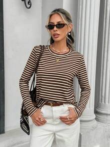 Muvela Women's Ribbed Crew Neck Long Sleeve Casual T-Shirt Brunch Everyday School Brown Striped Autumn Slim Fit Basic Back-To-School - Coffee Brown - View 7