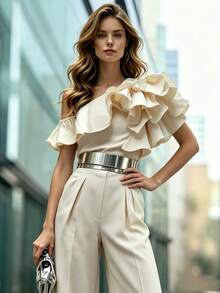 SHEIN Blusa de estilo francés de lujo ligero color albaricoque: Blusa asimétrica con hombros descubiertos y volantes dramáticos para mujer - Albaricoque - Ver 5