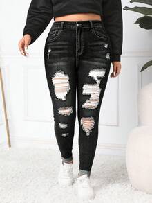 Firerie Plus Size Black Cropped Denim Jeans With Ripped Details And Zipper Closure - Black - View 7
