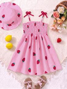 SHEIN Girls' Strawberry Print Sleeveless Dress,Pastel Pink Pink & White Striped Pattern,Summer Beach Holiday Sweet & Lively For Spring/Summer Outings - Pink - View 4