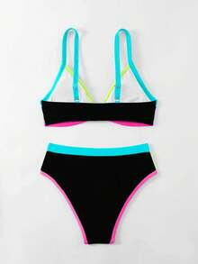 Swim Lushoire 女款拼色拼接泳衣套裝 海灘黑色夏季性感 - 彩色 - 查看 2