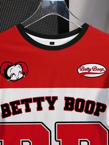 Betty Boop x SHEIN 女款夏季休閒時尚日常通勤運動風趣味卡通字母印花拼色短袖T恤 - 白色 - 查看 4